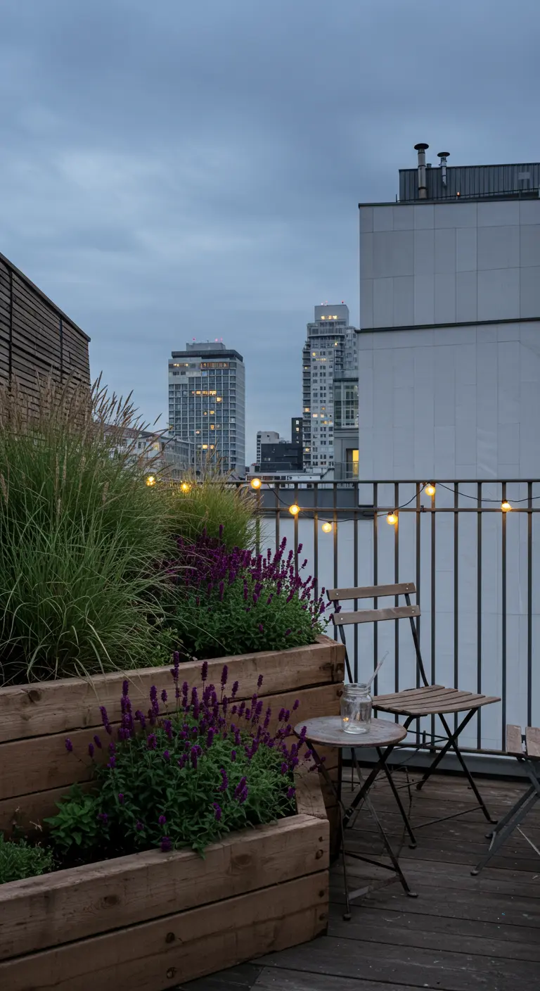 A city rooftop balcony with large wooden planters filled with tall grasses and purple salvia.