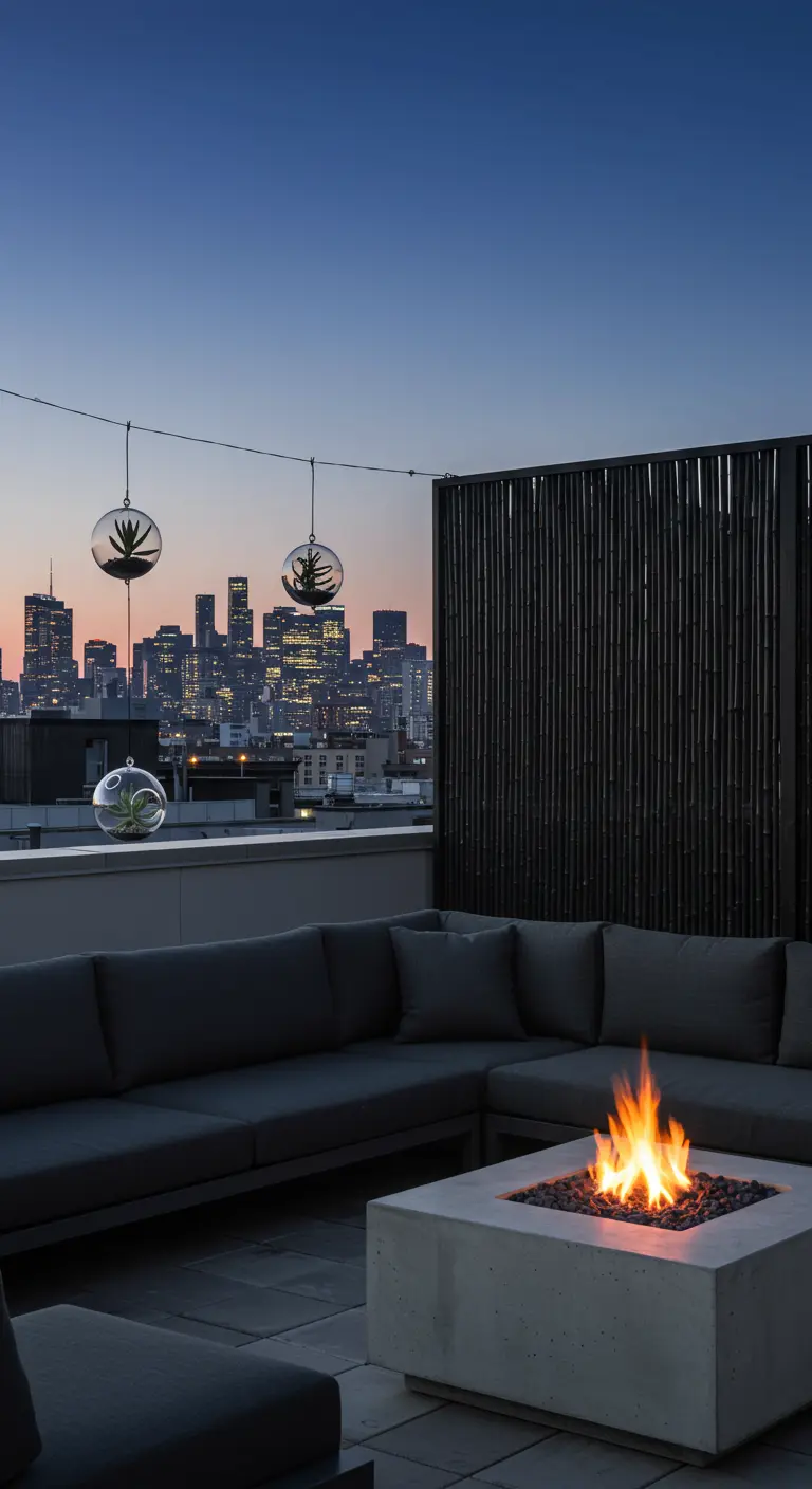 A modern rooftop patio with a black bamboo screen, a fire pit, and the city skyline at dusk.
