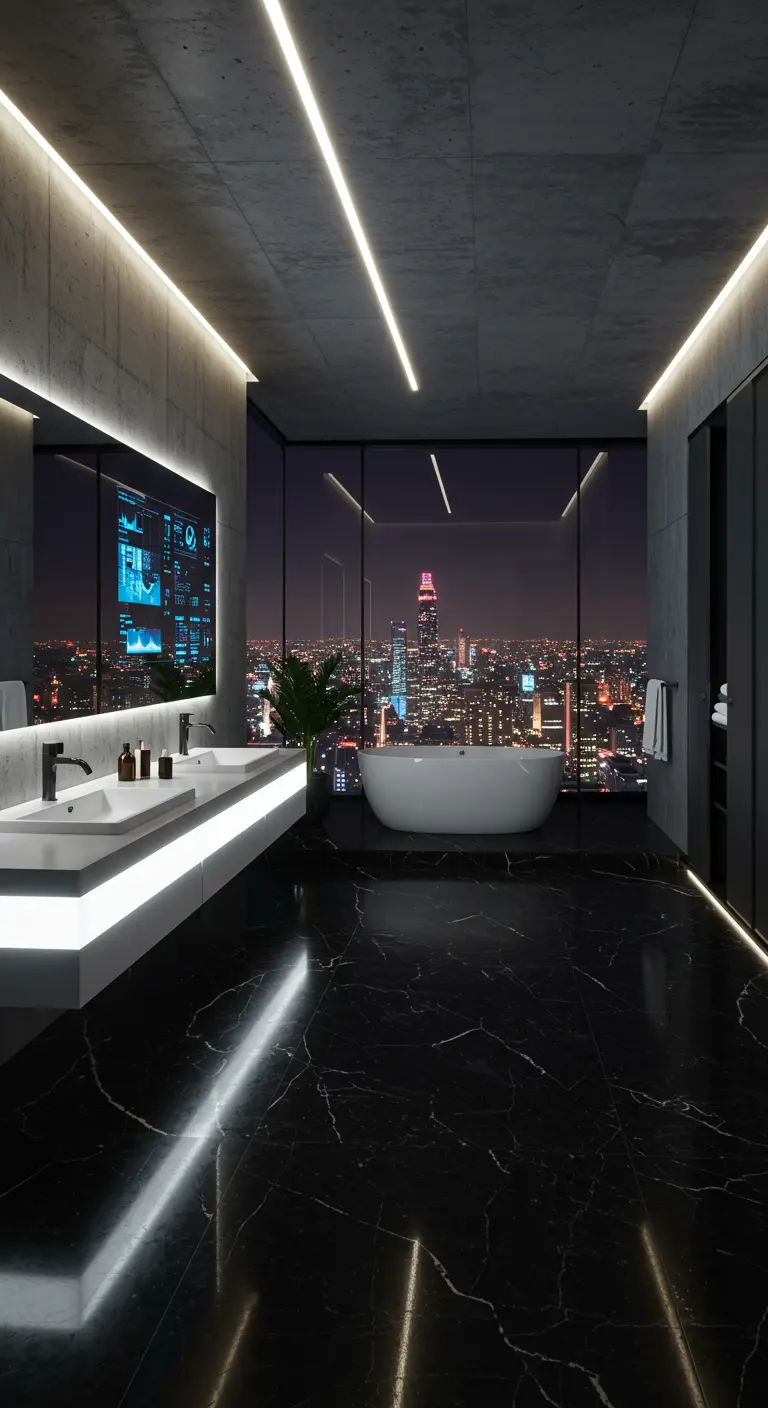 Dark futuristic bathroom with a smart mirror and city view at night.