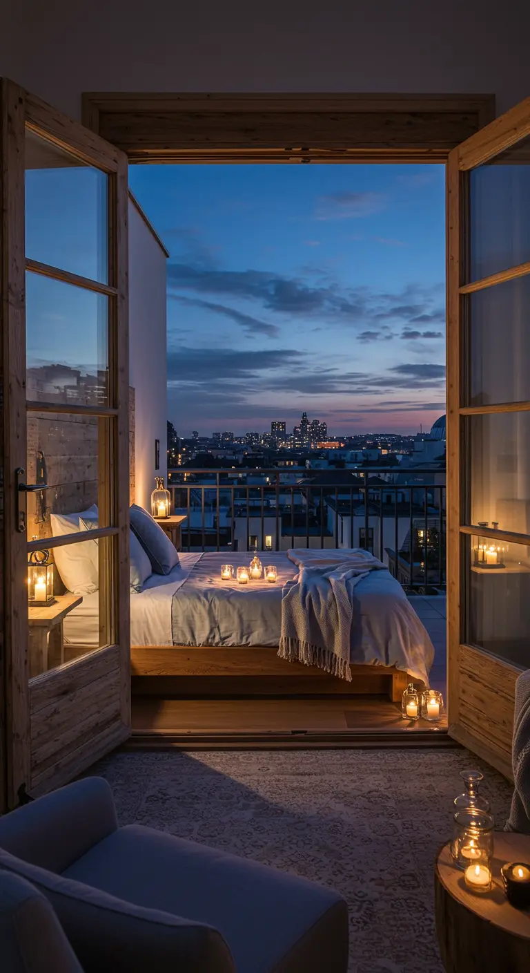 A bed on a balcony decorated with lanterns, overlooking a sparkling city skyline at dusk.