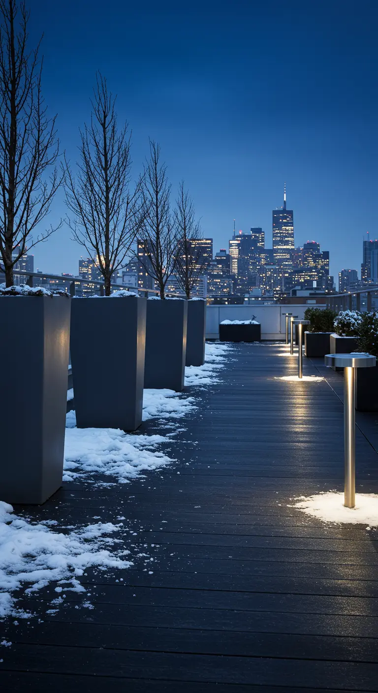 A modern city rooftop deck in the snow with sleek planters and modern bollard lights.
