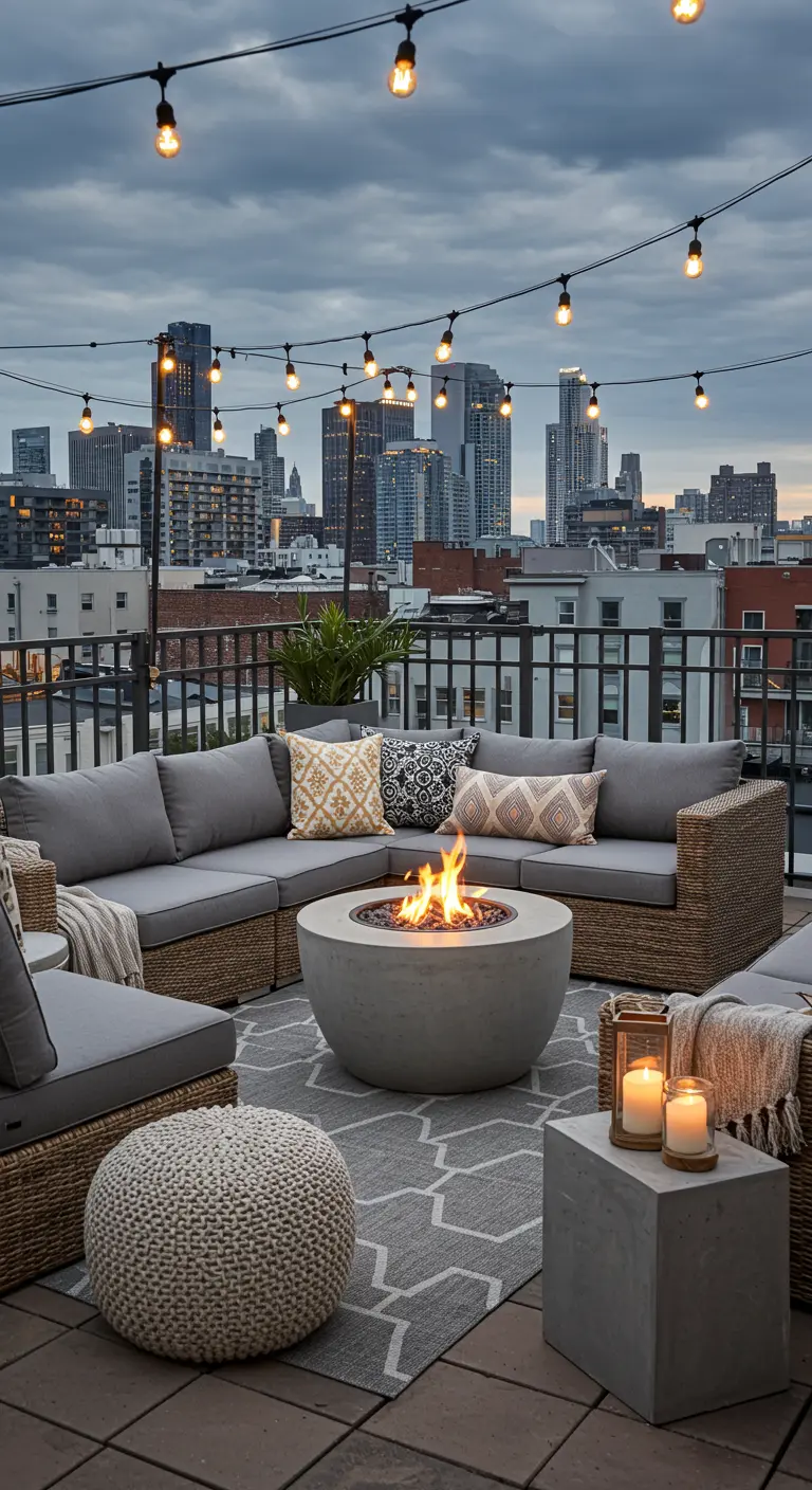 A rooftop terrace with a sectional sofa, concrete fire pit, and a city skyline view.