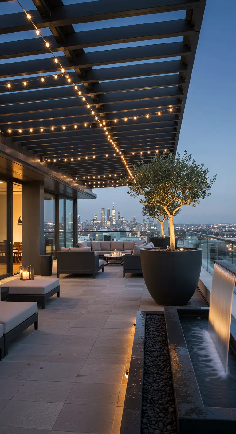 A modern rooftop terrace with a city view, a linear water feature, and an olive tree.