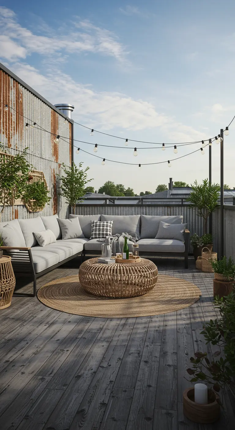A spacious rooftop terrace with a large gray sectional, rattan coffee table, and string lights.