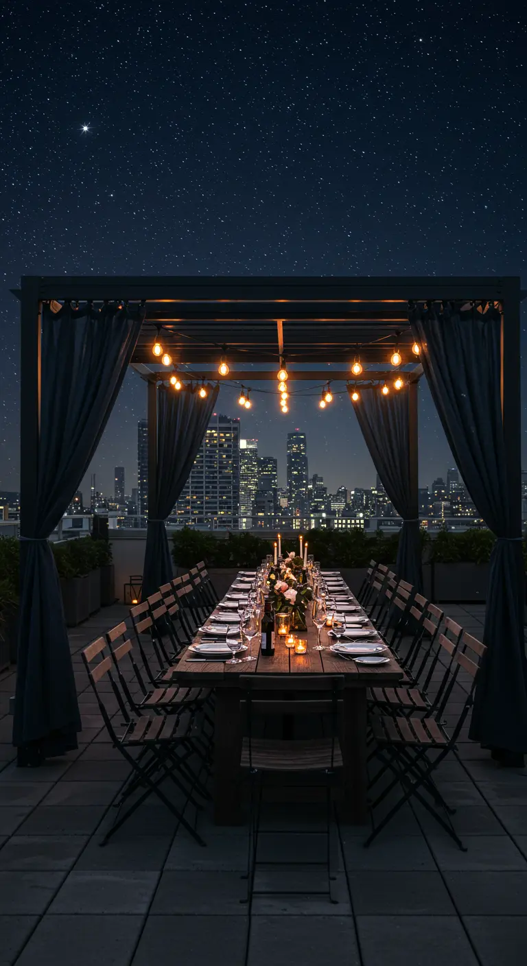 A long dining table on a city rooftop, set under a pergola with dark curtains and glowing lights.