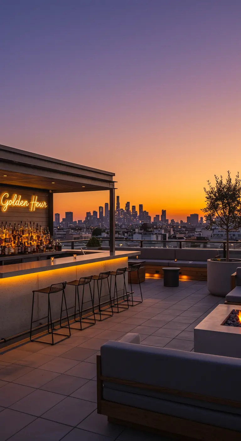 Rooftop bar with a 'Golden Hour' neon sign and city skyline at sunset.