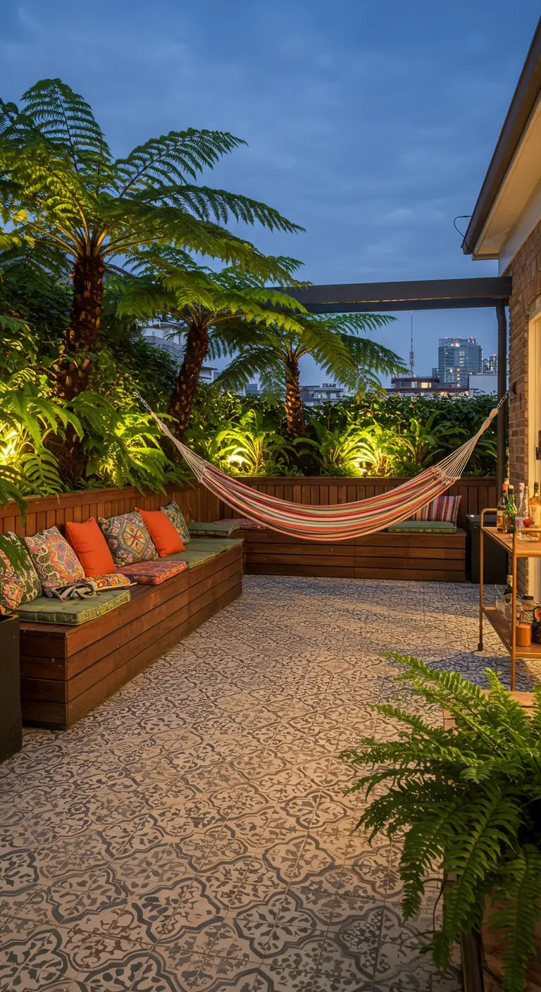 Rooftop terrace with large tree ferns, built-in wooden benches, and a colorful hammock.