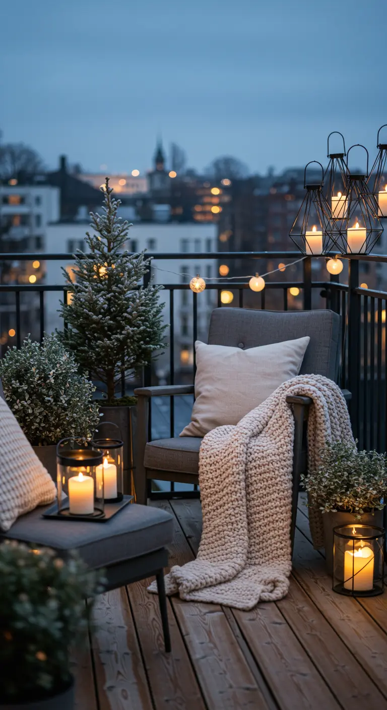 City balcony at dusk with cozy grey chairs, a knit blanket, and glowing lanterns.