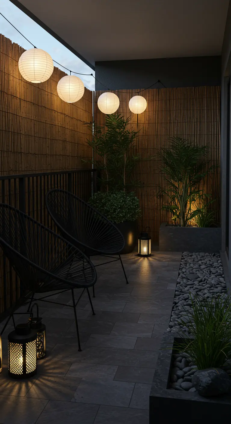 A minimalist balcony with black chairs, a bamboo screen, and glowing paper lanterns at night.
