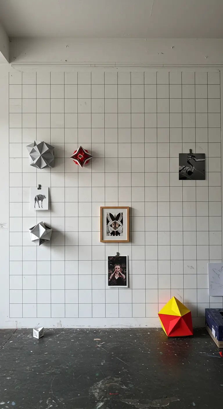 A wall with a black washi tape grid displaying small art pieces and 3D geometric objects.
