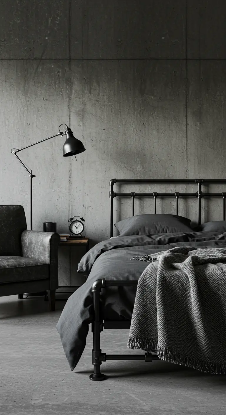 Industrial bedroom with a black pipe bed frame, concrete walls, and charcoal gray bedding.