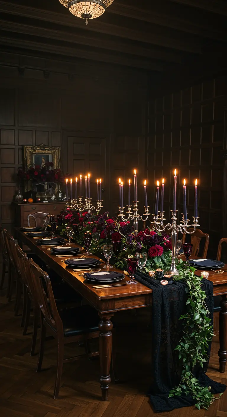 A long, dark wood dining table set for a gothic party with silver candelabras and red roses.