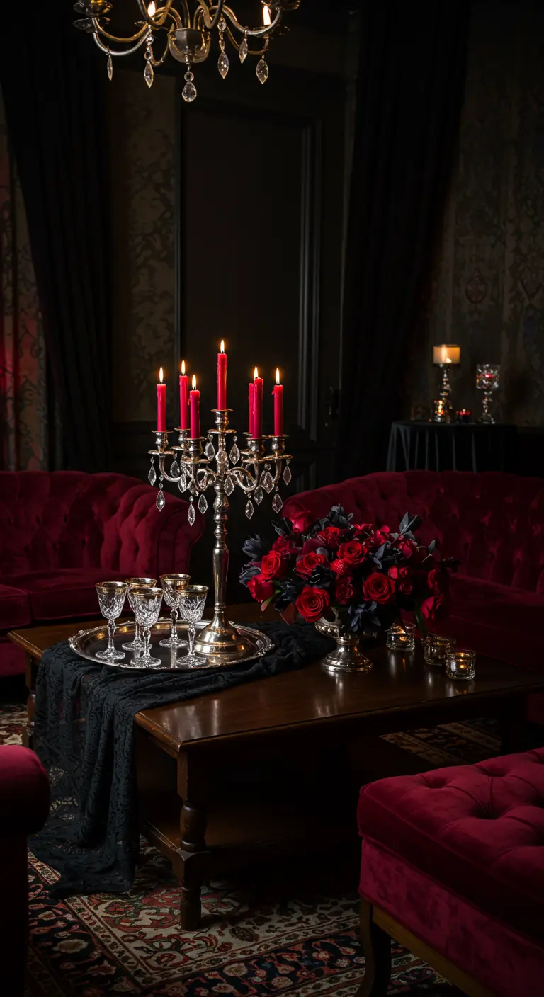 A dimly lit room with red velvet couches, a silver candelabra, and dark red roses.
