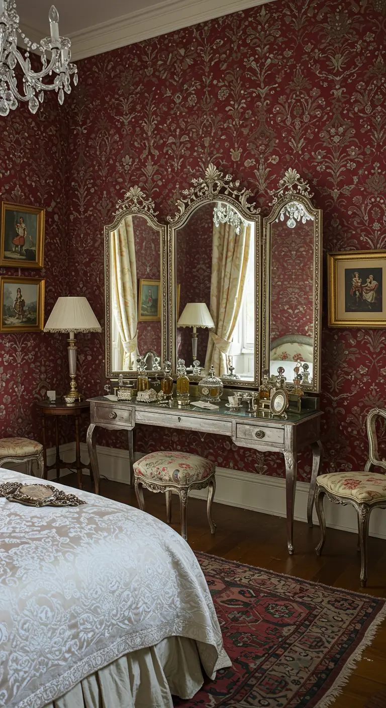Silver-leafed vanity with a triptych mirror in a bedroom with red damask walls.