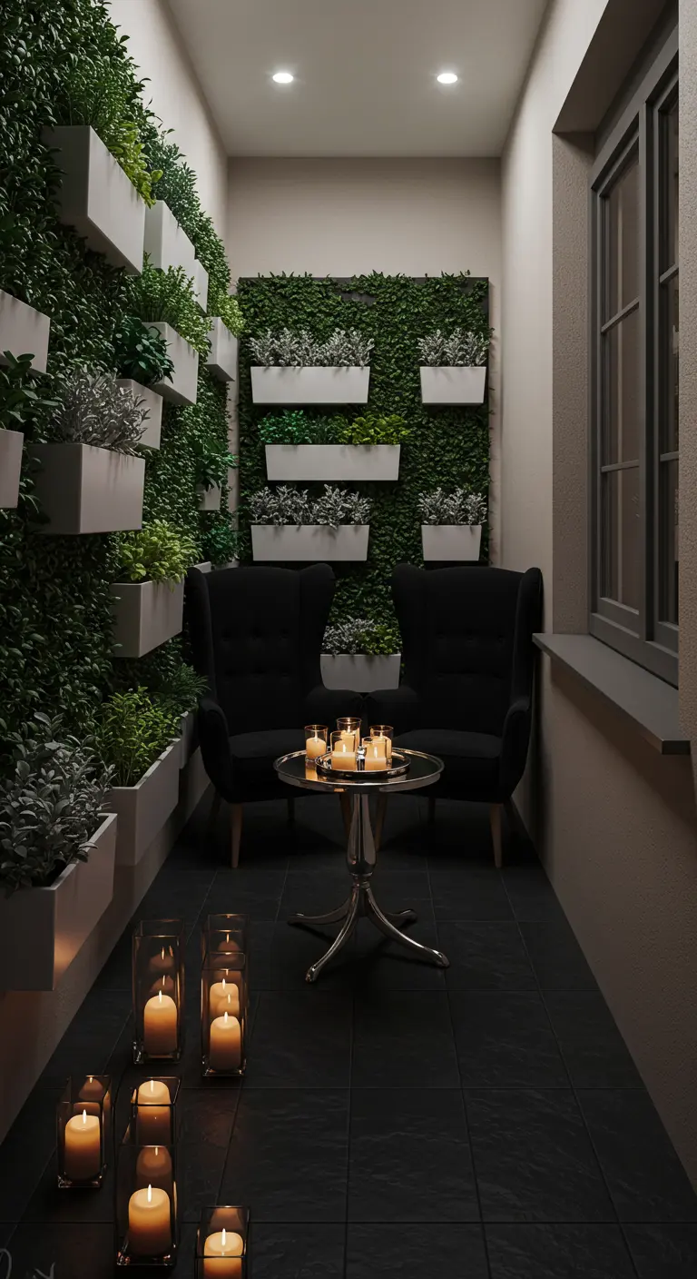 A narrow balcony with a lush vertical garden wall, two black velvet chairs, and candles on a small table.