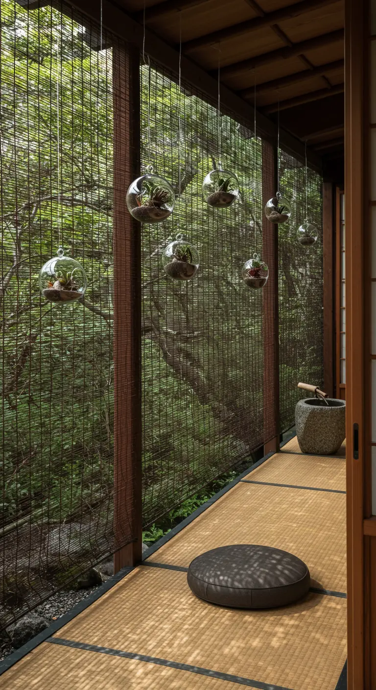 A Japanese-style veranda with a fine bamboo screen, tatami mats, and floating succulent globes.