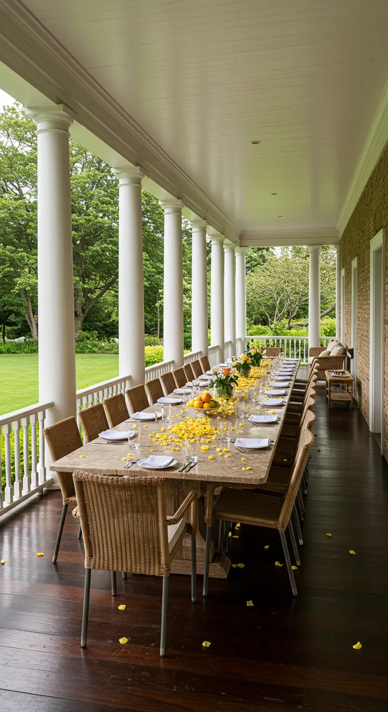 A long marble-topped dining table on a veranda, decorated with a runner of yellow petals.