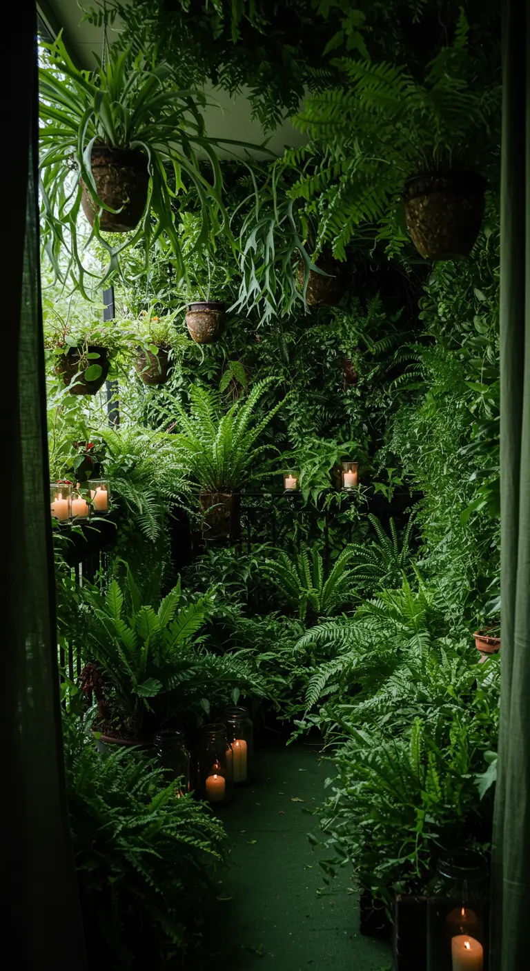 A balcony completely filled from floor to ceiling with different types of ferns.