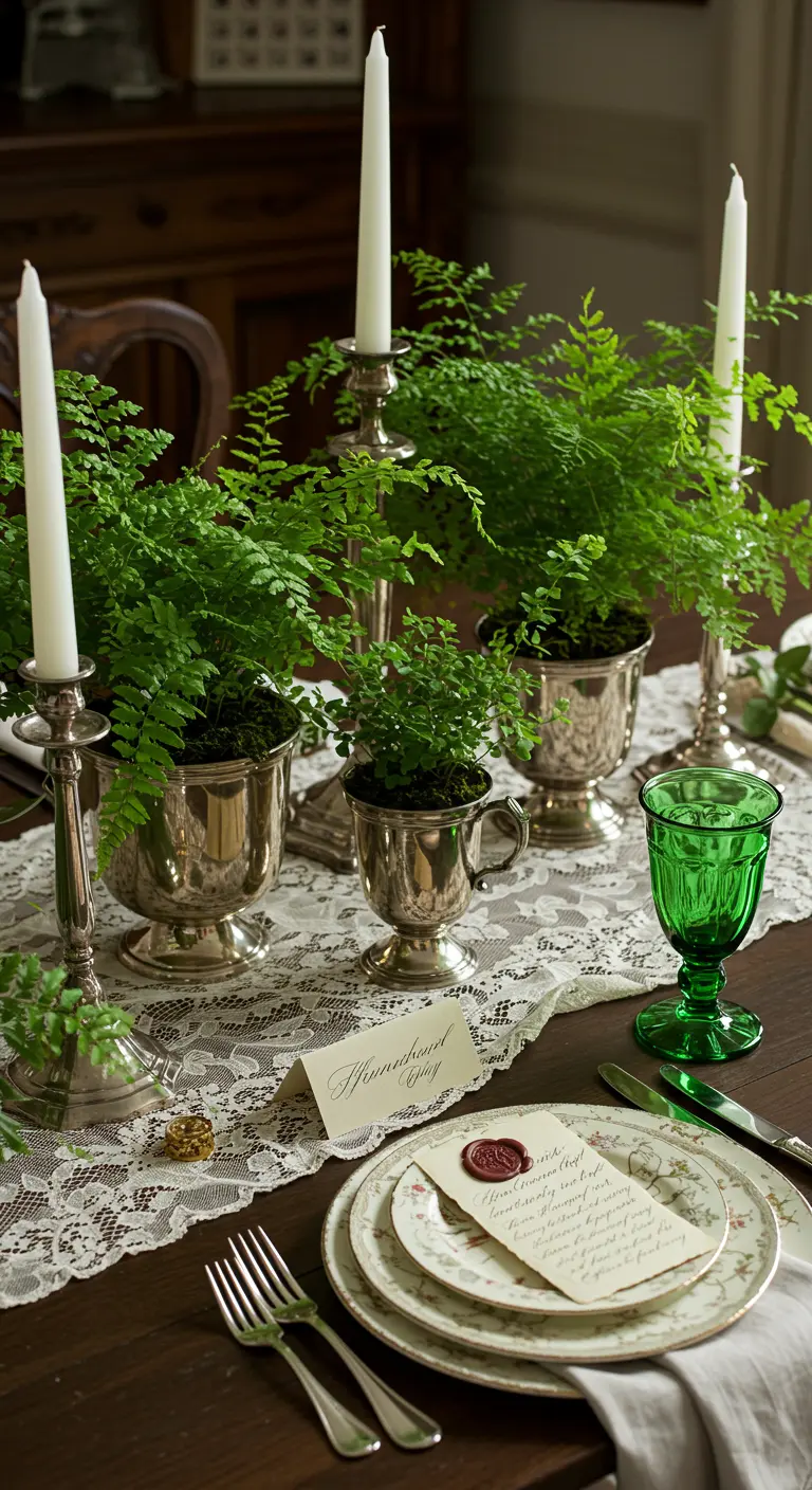 A vintage table with potted ferns in silver goblets, a lace runner, and tall white candles.