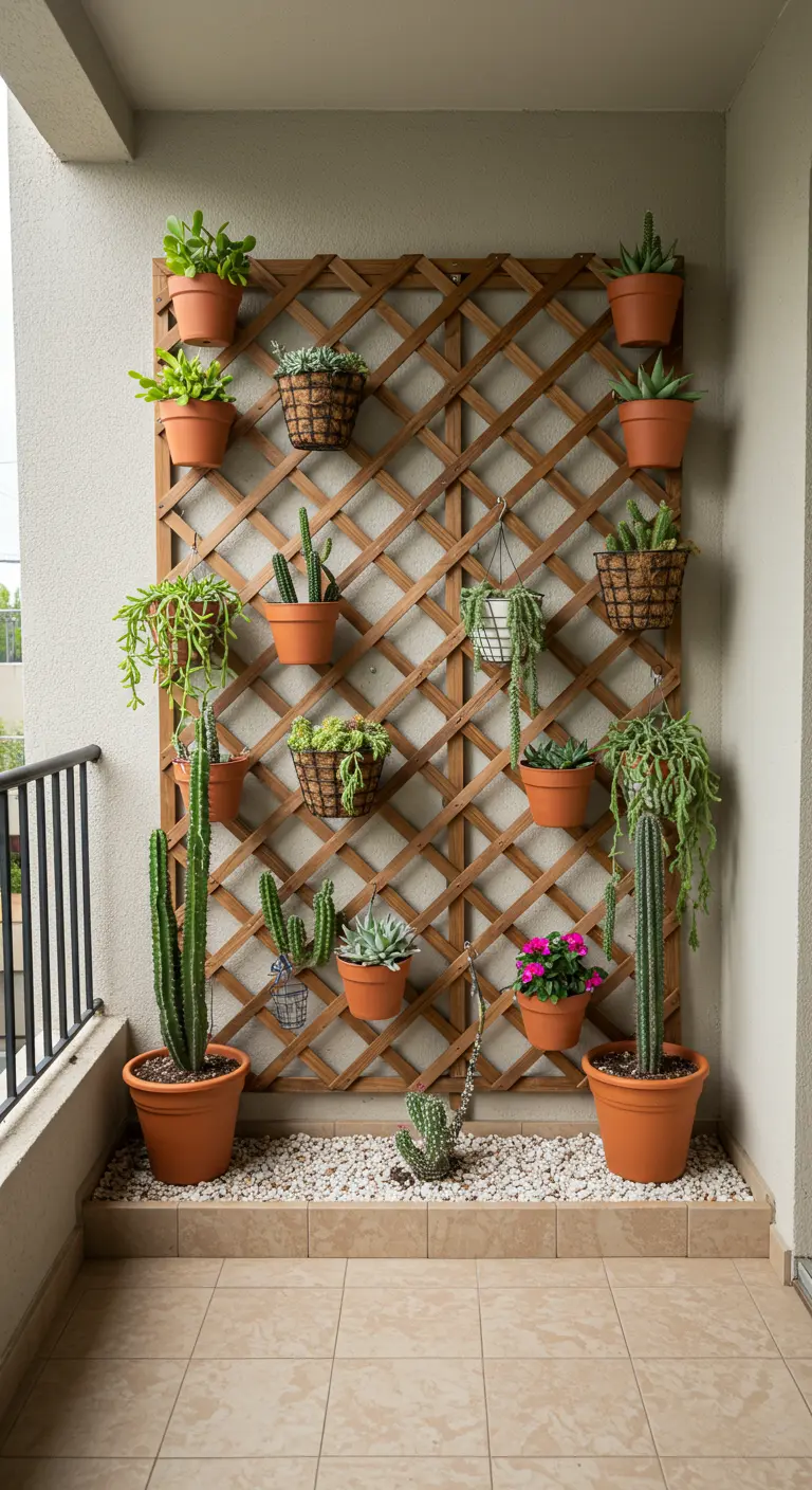 A wooden lattice wall on a balcony decorated with various hanging cacti and succulents.