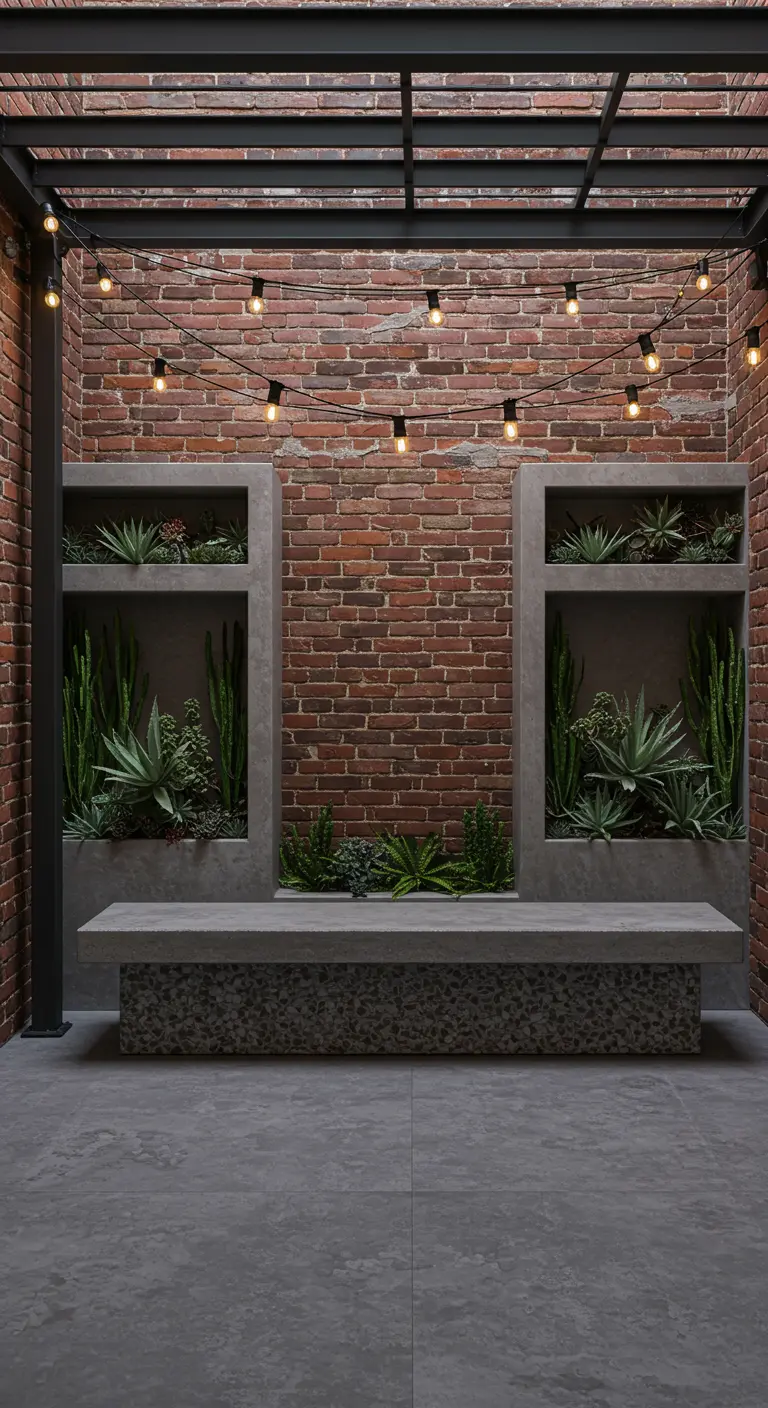 A concrete bench against a brick wall with recessed vertical planters filled with succulents.