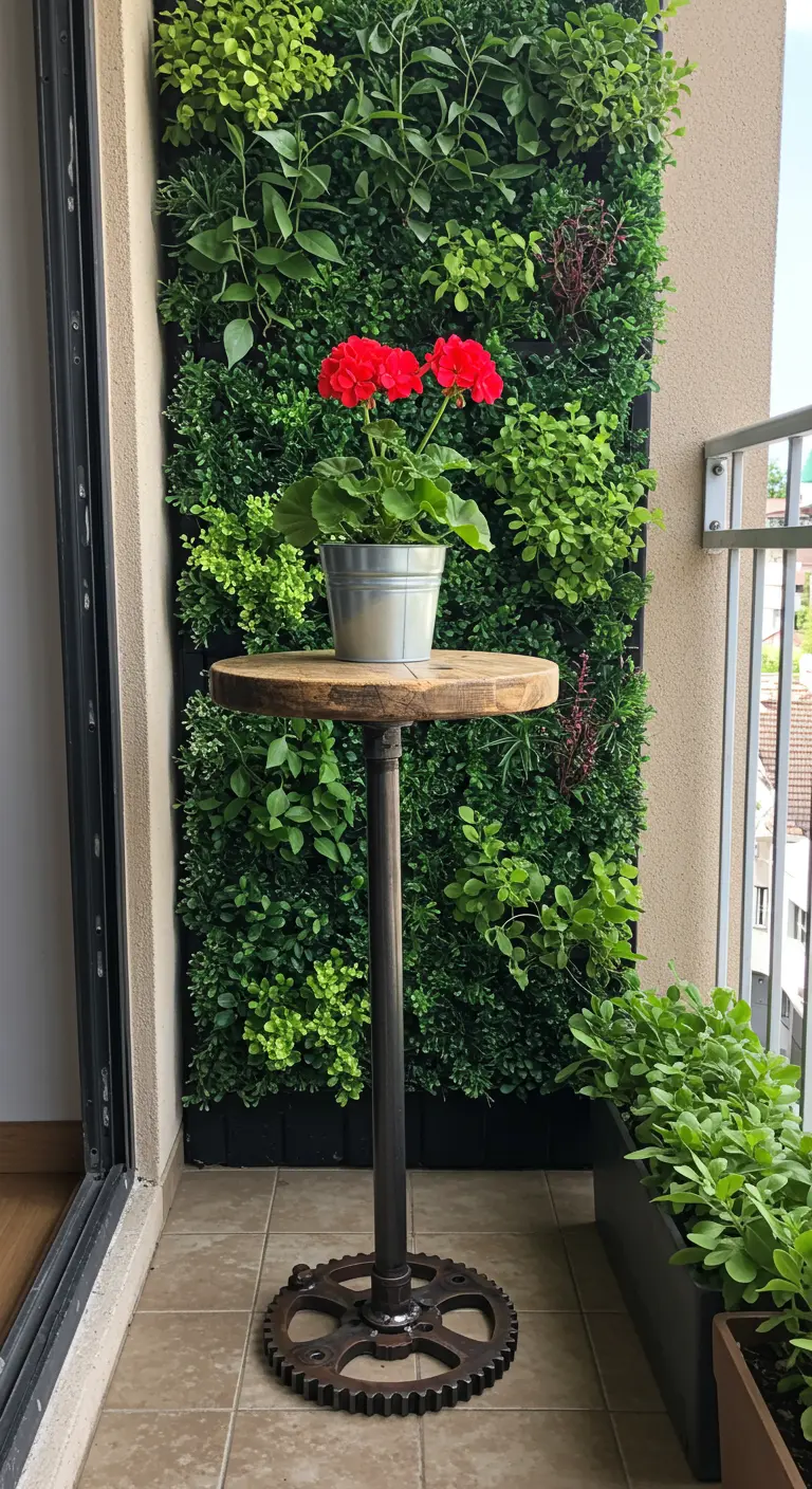 Tall pedestal side table with a large gear for a base, standing before a balcony's vertical garden.