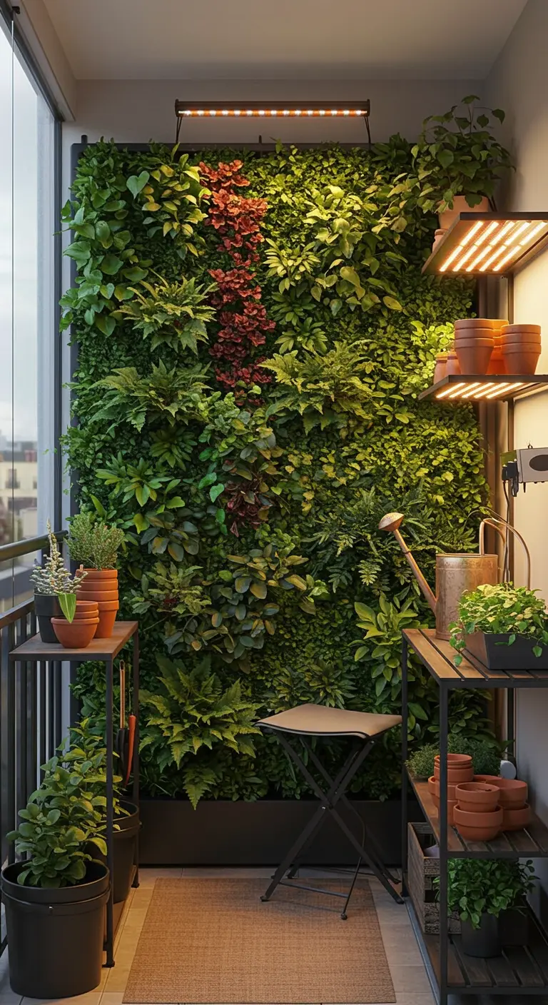 A spectacular vertical garden wall on a narrow balcony, illuminated by modern grow lights.