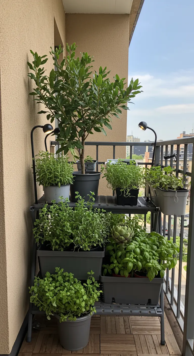 A tiered plant stand on a balcony, filled with various herbs under clip-on grow lights.