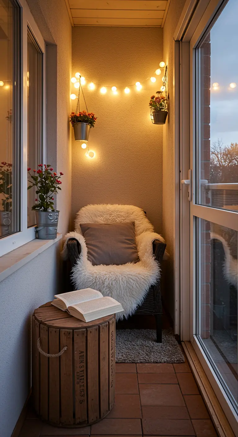 A very small, narrow balcony with a cozy chair, hanging planters, and a crate table.