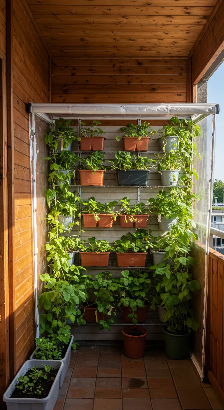 A tall balcony greenhouse filled with strawberry plants, with vines cascading down.