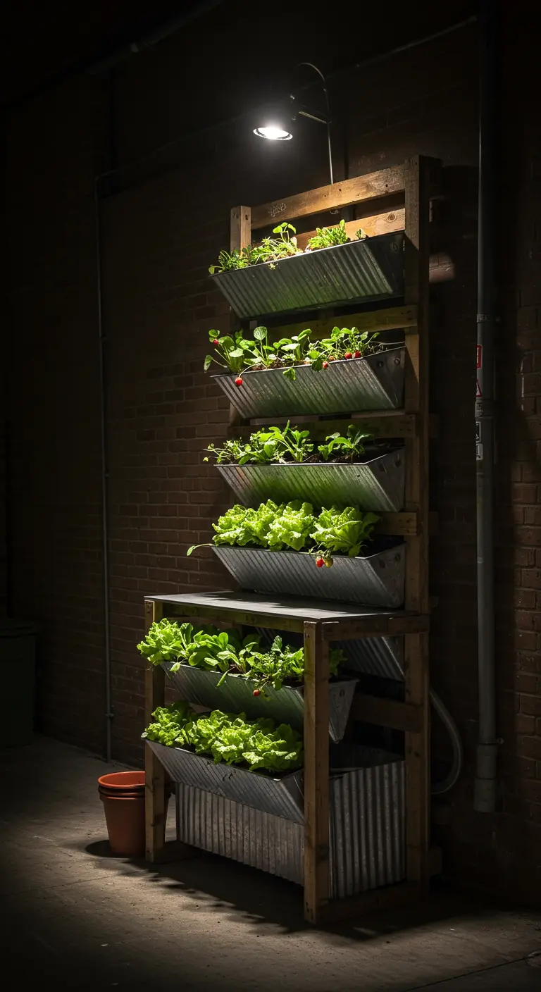 A tall vertical potting bench with angled metal troughs used as planters for lettuce and strawberries.
