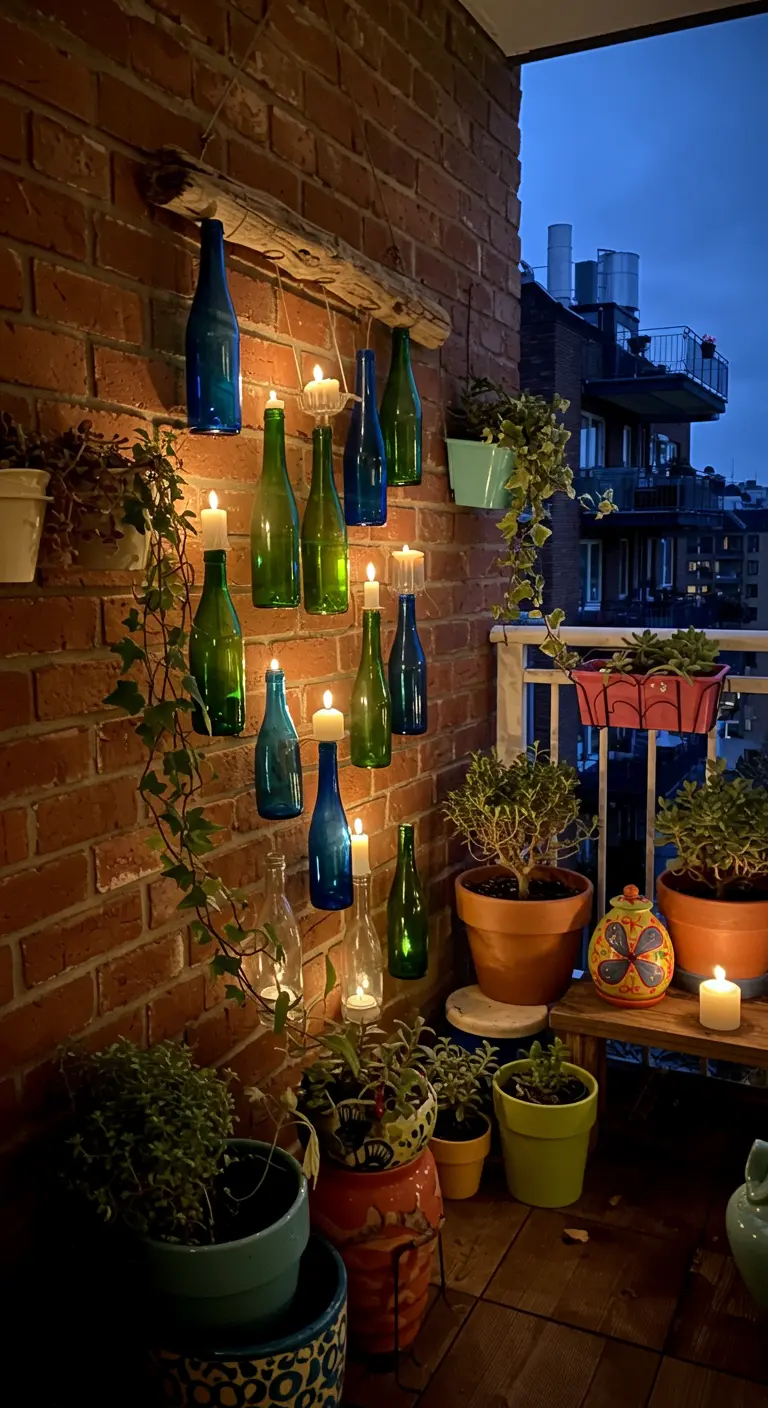 Hanging wine bottle candles on a driftwood rack on an urban balcony brick wall.
