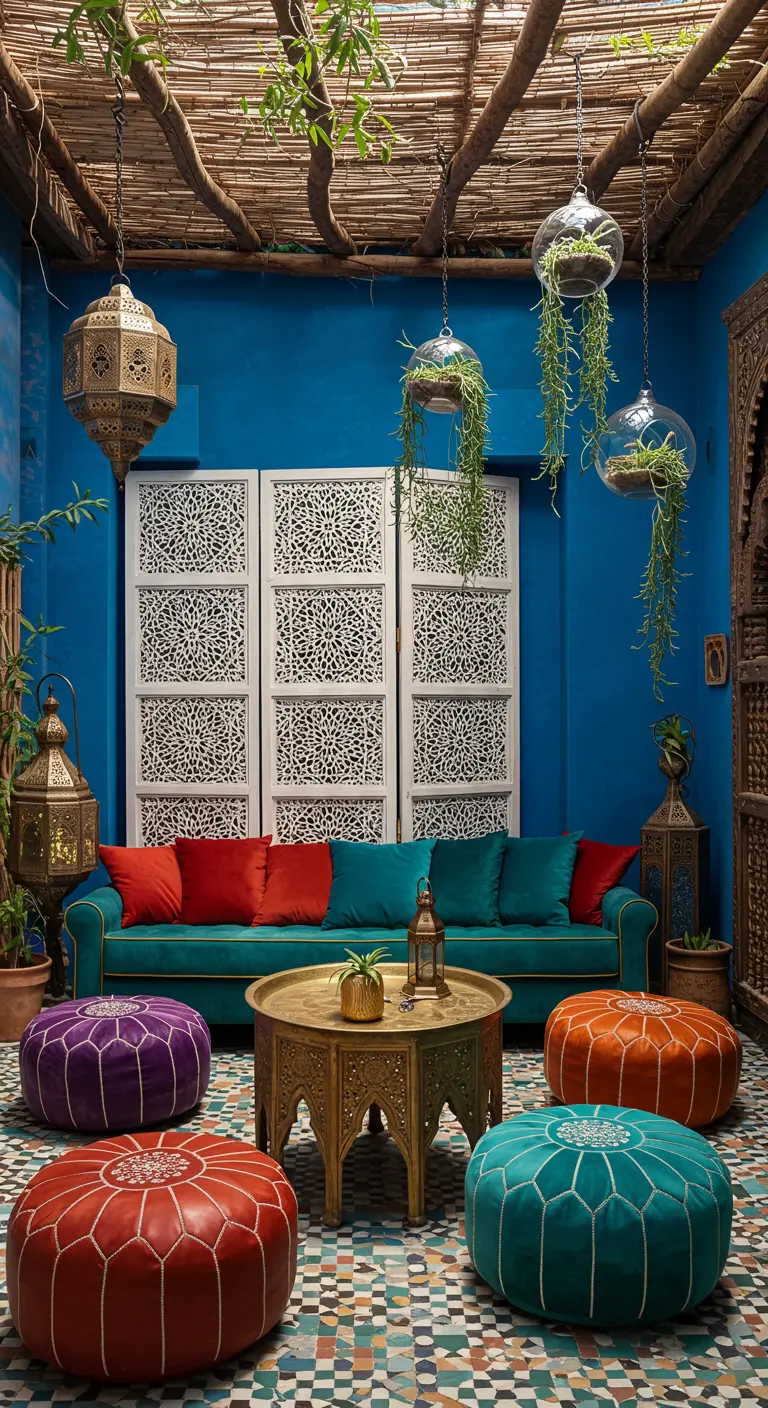 A Moroccan-style patio with a bamboo ceiling, blue walls, colorful poufs, and hanging lanterns.