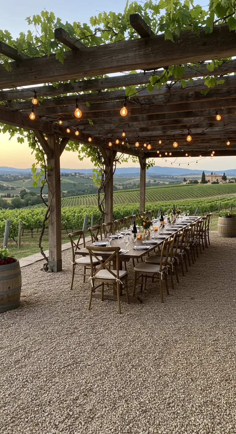 A long dining table set for a meal under a vine-covered pergola overlooking a rolling vineyard.