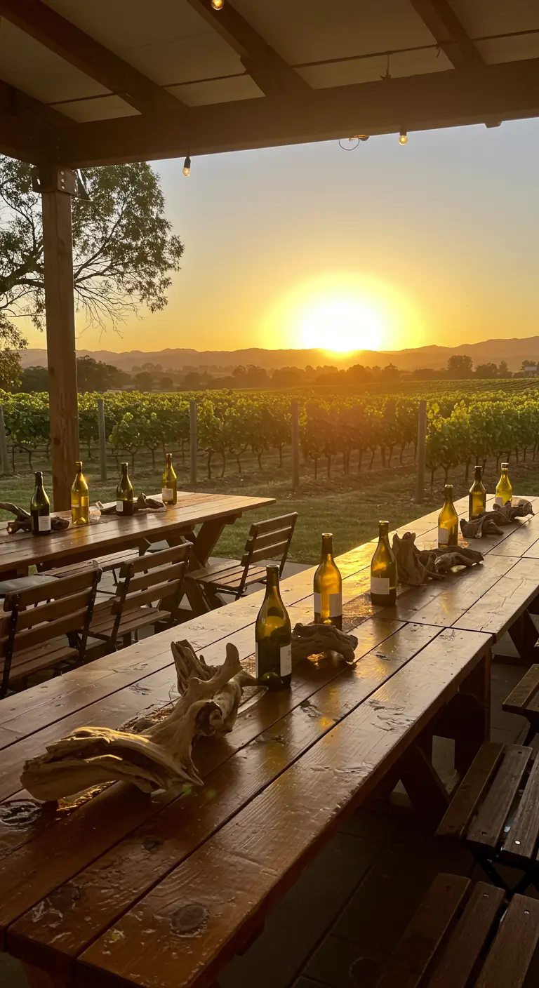 Long vineyard dining tables decorated with driftwood and wine bottle candles at sunset.