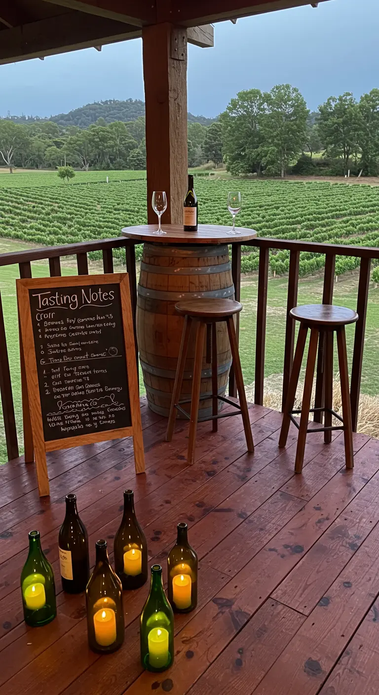 A porch overlooking a vineyard, set up for wine tasting with a barrel table and a chalkboard for tasting notes.
