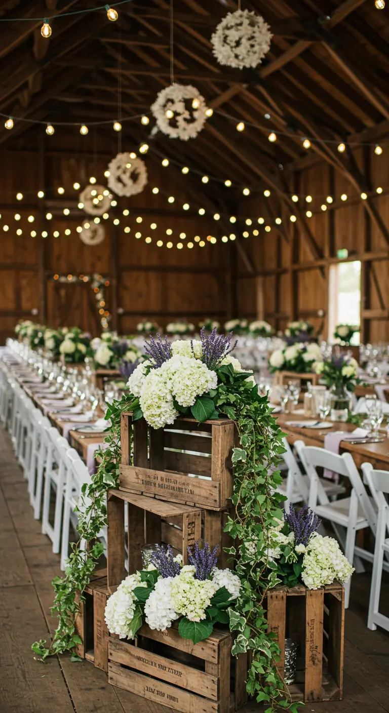 Stacked wooden crates with white hydrangeas and ivy in a rustic barn.