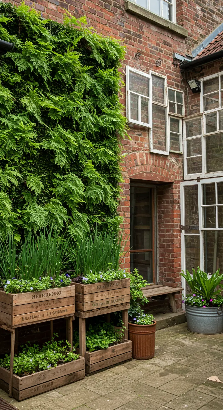 Vintage wooden crates used as tiered planters for herbs against a brick wall and next to a living wall.