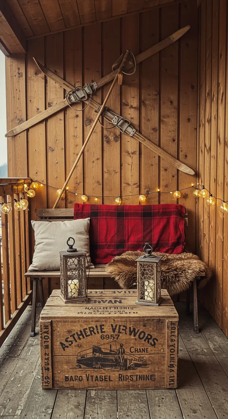 Vintage wooden skis mounted on a wall above a bench with a plaid blanket.
