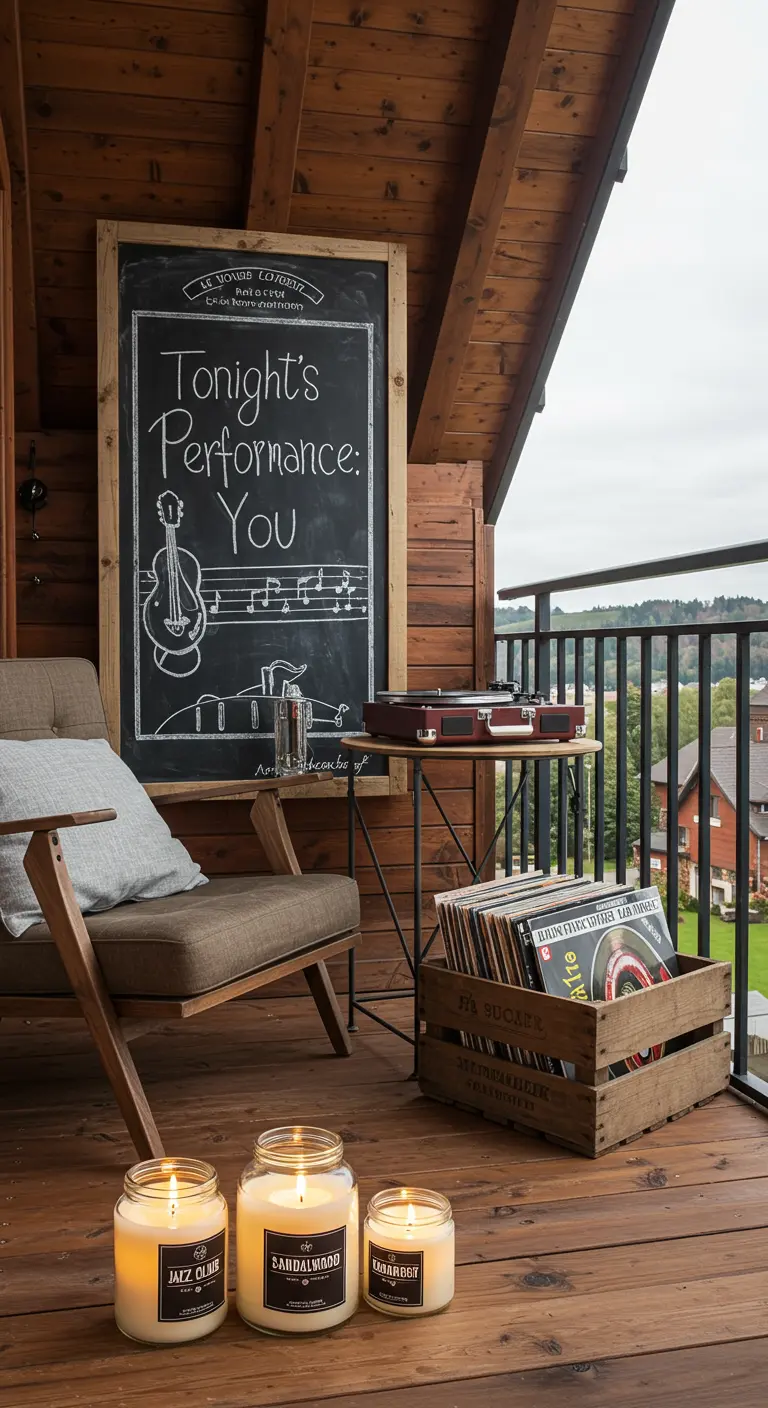 A balcony corner set up for a music lover, with a record player, vinyl records, and a clever chalkboard sign.