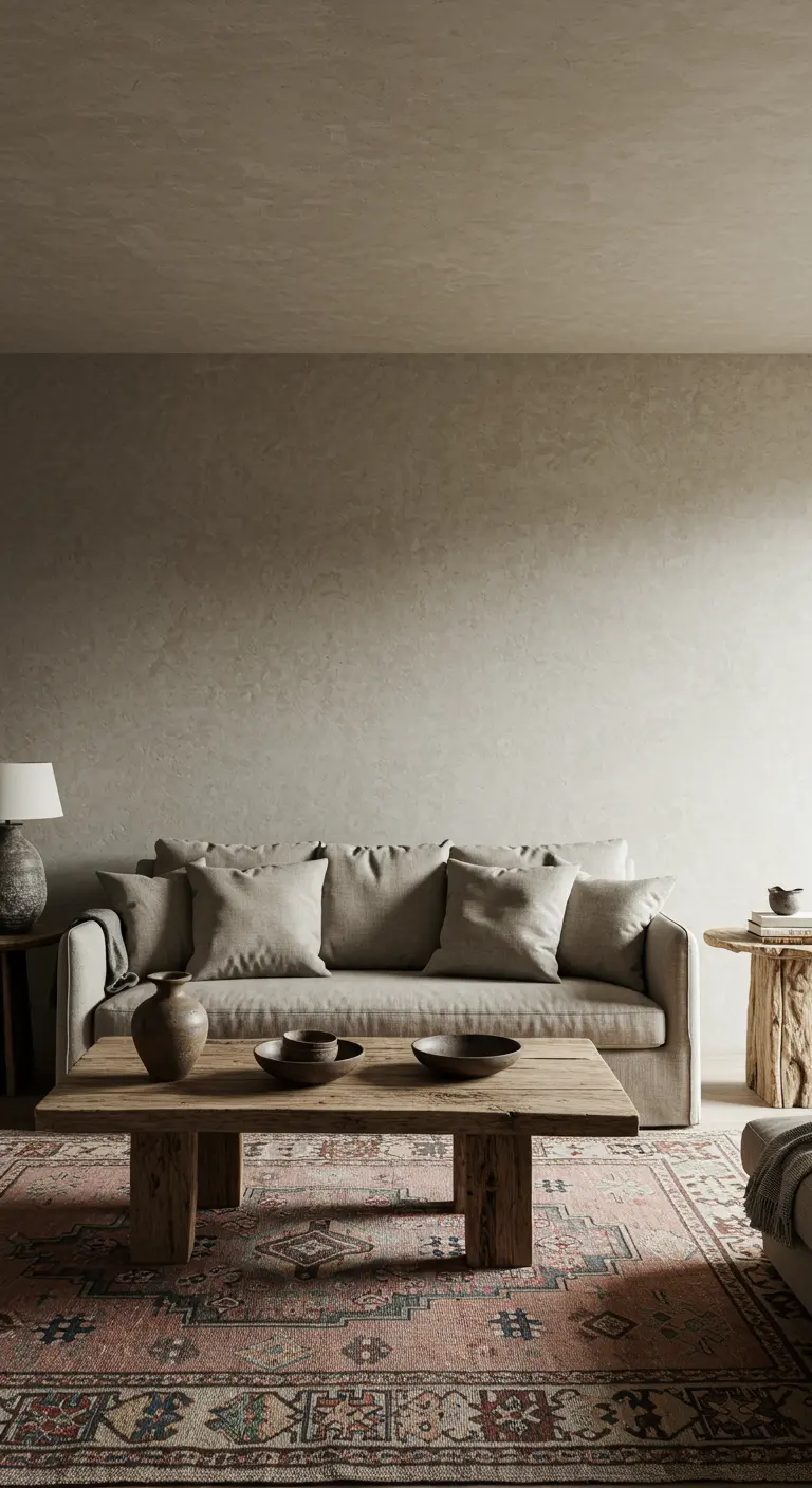 Wabi-sabi style living room with a neutral linen sofa and a rustic wood coffee table.