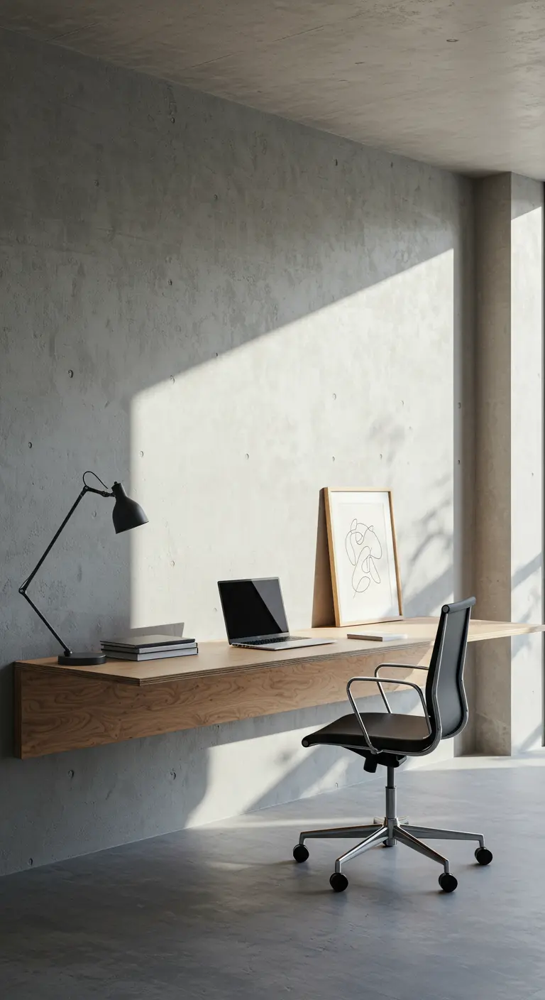 A floating wood desk mounted on a concrete wall in a minimalist office space.