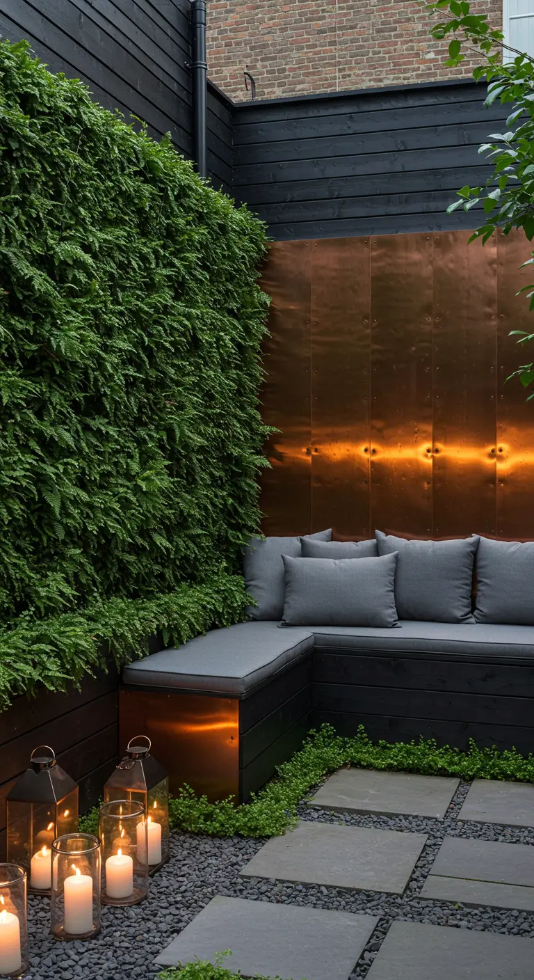 A cozy seating nook with a warm, glowing copper wall and candle lanterns on the ground.