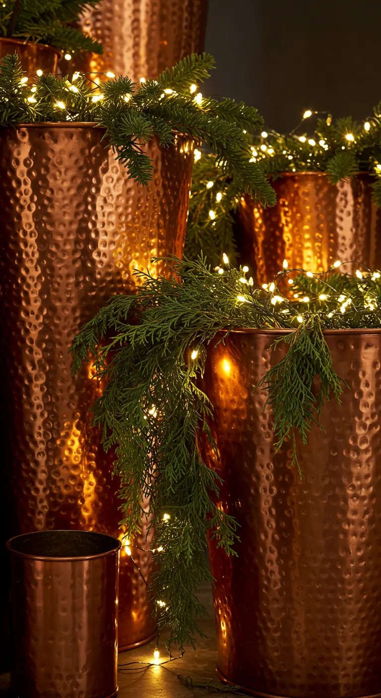 Close-up of hammered copper planters filled with evergreen sprigs and warm fairy lights.