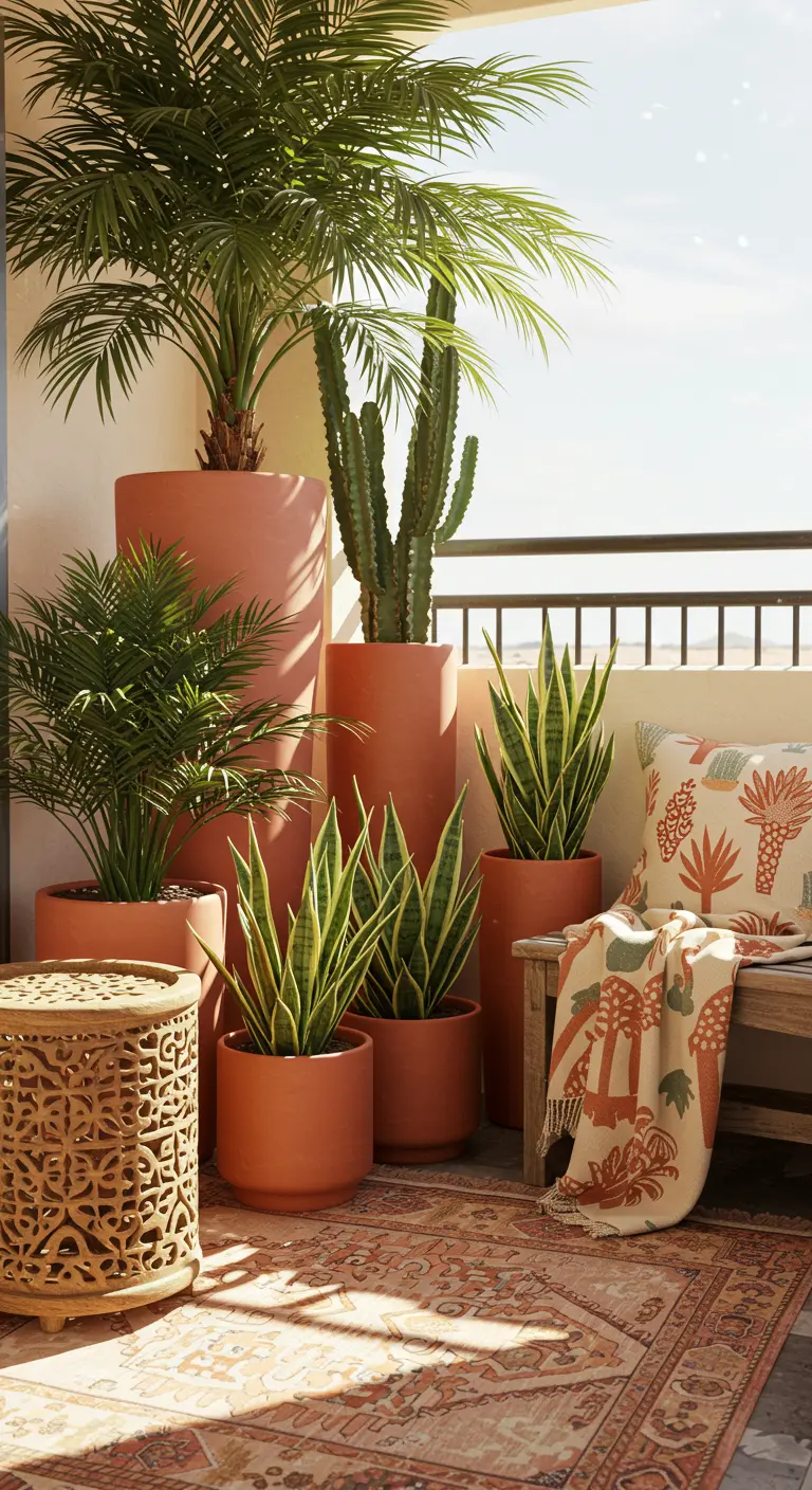A balcony with a collection of terracotta planters of various sizes holding desert plants.
