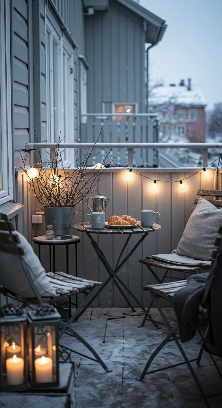 Cozy balcony bistro set with coffee, croissants, and warm globe lights at dusk.