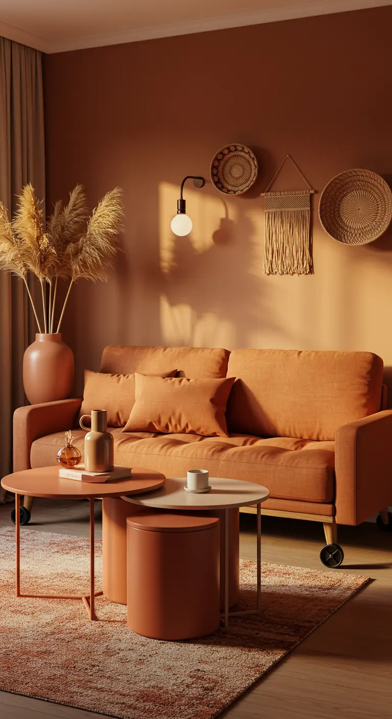 A terracotta-colored room with a matching sofa and cylindrical nesting tables in similar shades.