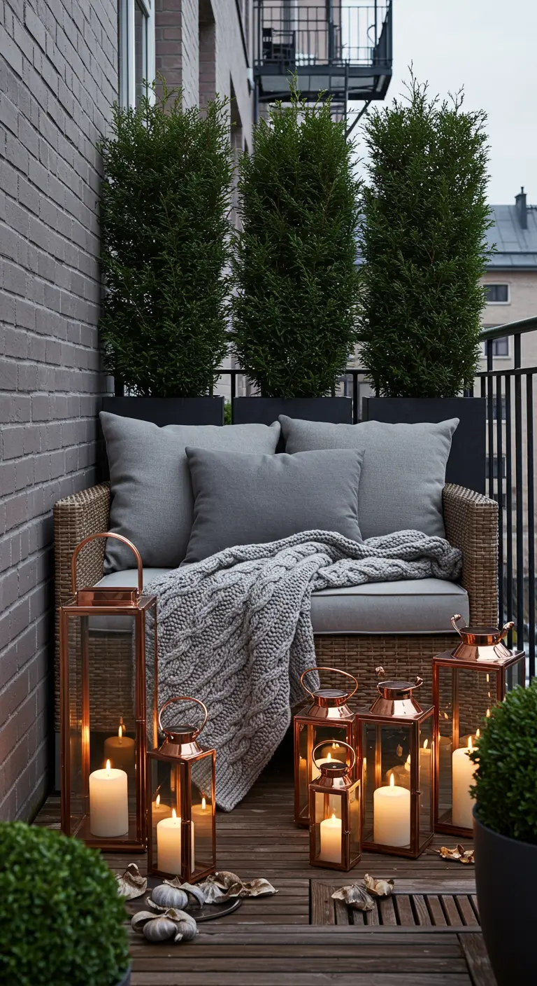 A cozy balcony with a wicker loveseat, a gray cable-knit throw, and glowing copper lanterns.