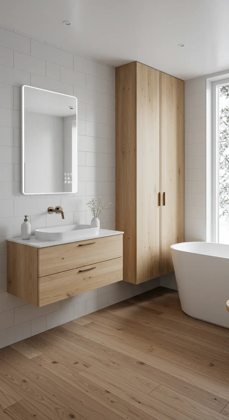 Scandinavian-style bathroom with light wood cabinets and white tile.