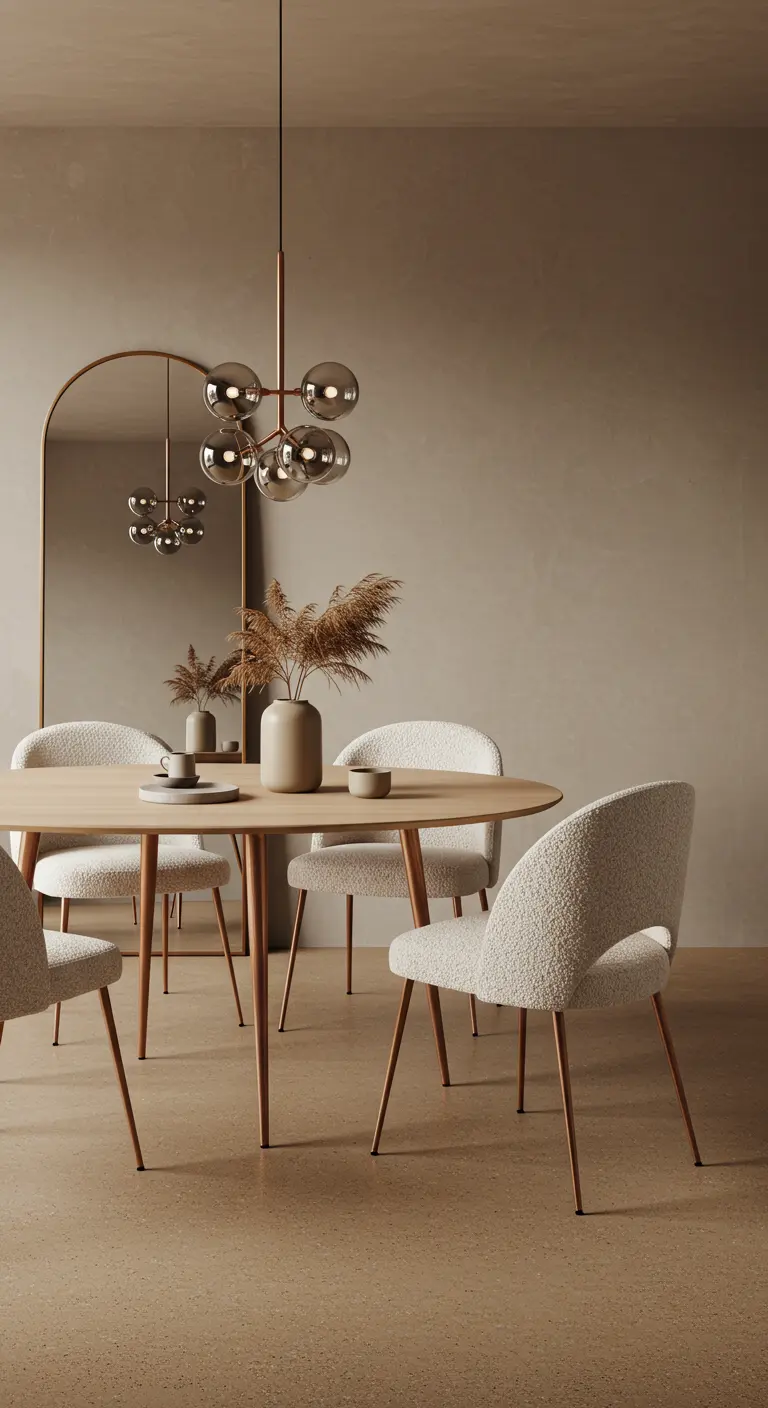 Monochromatic beige dining room with bouclé chairs, a wood table, and a glass bubble chandelier.